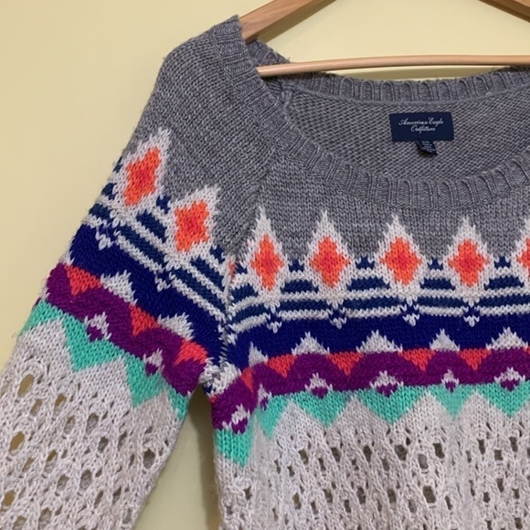 American Eagle Tribal Fair Isle Solid / Ooen Knit Boatneck Multicolor Sweater XL - Picture 8 of 17